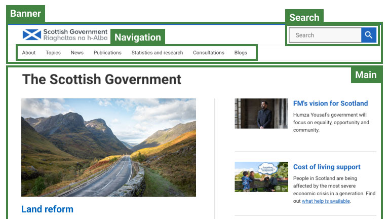 Scottish Government homepage with the landmark regions Banner, Navigation, Search and Main highlighted.