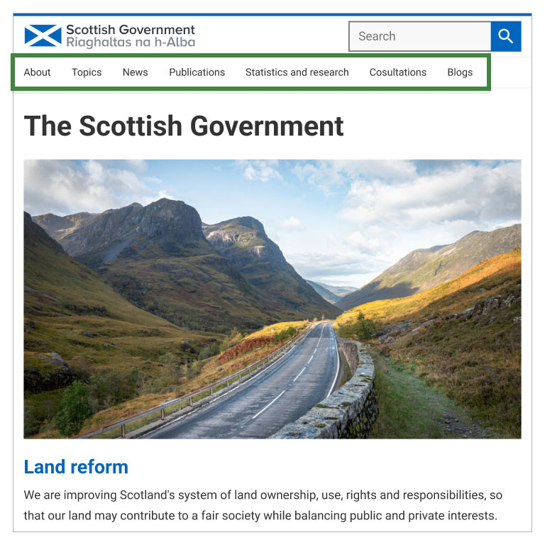 Gov.scot homepage with main navigation list of links highlighted.