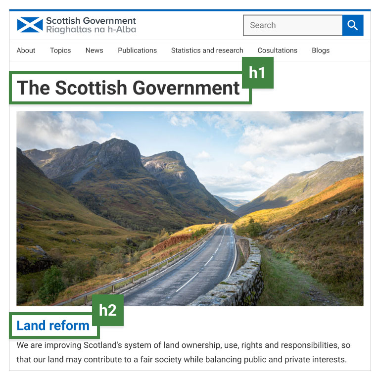 Gov.scot home page where 'Scottish Government' highlighted as Heading 1 (h1) and shown before Coronavirus as Heading 2 (h2).